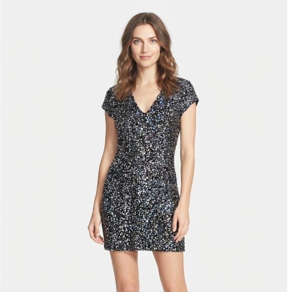 PARKER Serena Silk Sequin Mini Dress V-Neck Black Silver Cocktail Party Size S